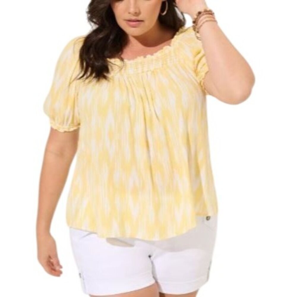 Torrid Women's Washable Gauze Smocked Yoke Top Ikat Yellow Plus Size 4X Rayon
